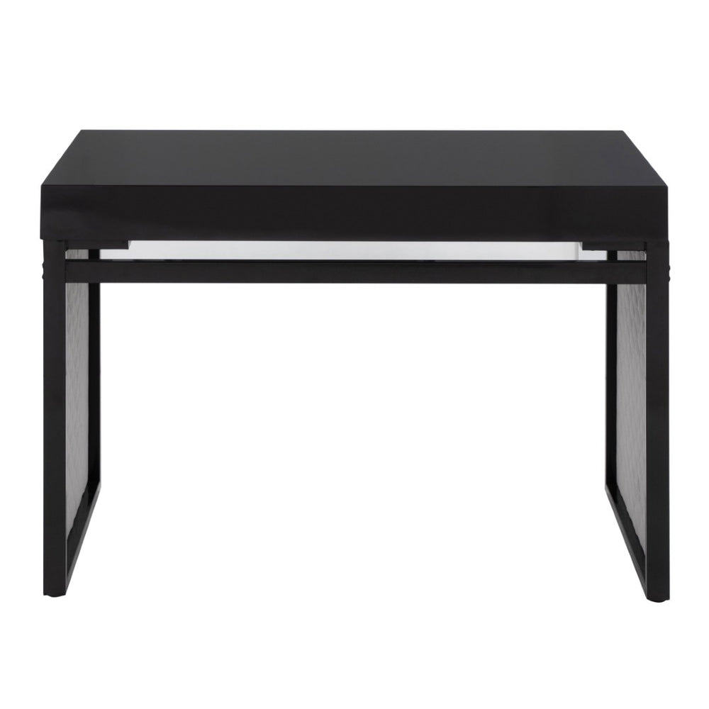 English Elm Upholstered Writing Desk with Silver Velvet Panels Black Steel Base and Dark Wood Top B202P471627
