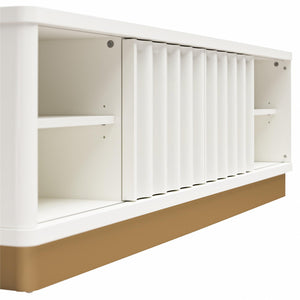 English Elm Rene Glossy White Scalloped TV Stand with Sliding Doors & Gold Base for TVs up to 65" — Chic Organizer B2733P395076
