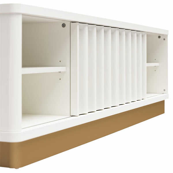 English Elm Rene Glossy White Scalloped TV Stand with Sliding Doors & Gold Base for TVs up to 65" — Chic Organizer B2733P395076