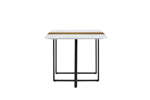 English Elm Modern Dual-texture Dining Table Mdf Top Marble Wood Grain Black Metal Frame Seats Six W3875P389271
