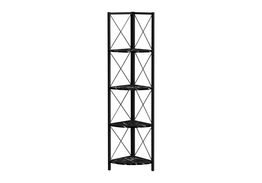 English Elm Bookshelf, Corner Etagere with Black Marble Laminate and Metal Frame for Modern Spaces B2710P219385