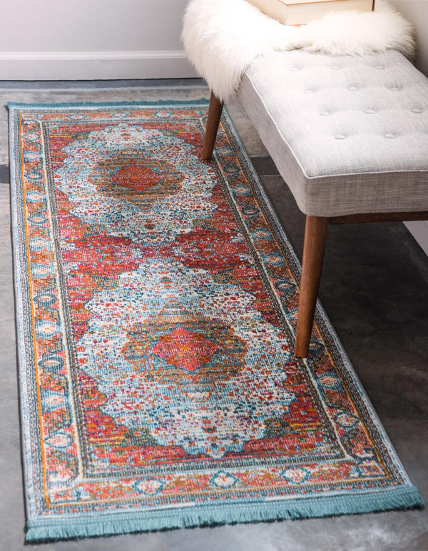 Unique Loom Baracoa Malecon Machine Made Border Rug Light Blue, Orange/Turquoise/Pink/Ivory 2' 7" x 13' 1"