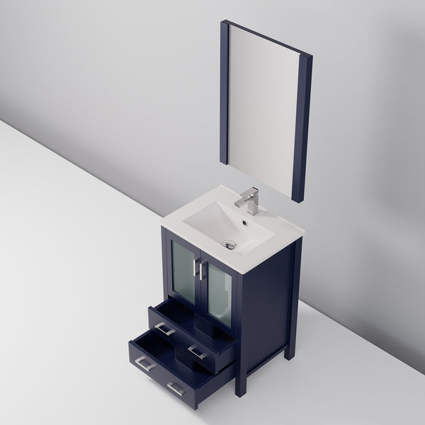 English Elm Navy Bath Vanity 24"W x18.25"D with White Ceramic Top, Chrome Faucet & 22"x32" Mirror, Durable Finish B2731S01284
