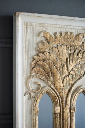 English Elm 20.1x2x29.9" Mid-Century Wall Mirror Set with Washed White & Gold Leaf Accents for Entryway Elegance W2078P318403