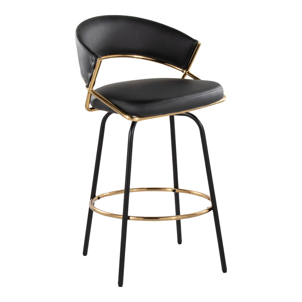 English Elm Jie 26" Fixed-Height Counter Stool Set of 2 — Gold Accent Swivel, Black Faux Leather, Modern Glam Seating B202S00336