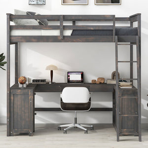English Elm Full Loft Bed with U-Shaped Workstation, Built-In Drawers, Shelves & Cabinet for Space Saving Antique brown GX001039AAD