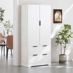 English Elm 72" Modern Fluted Pantry Cabinet with 2 Large Silent Drawers, 8-Door Spice Rack & Adjustable Shelf Organizer White W2917P294993