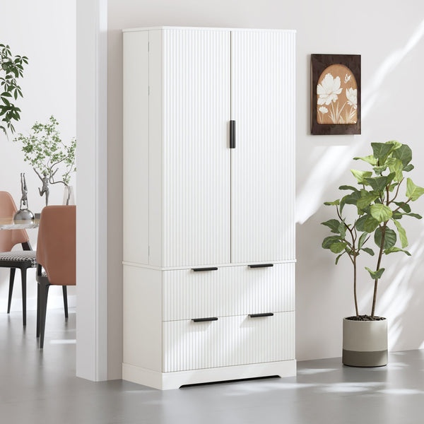 English Elm 72" Modern Fluted Pantry Cabinet with 2 Large Silent Drawers, 8-Door Spice Rack & Adjustable Shelf Organizer White W2917P294993