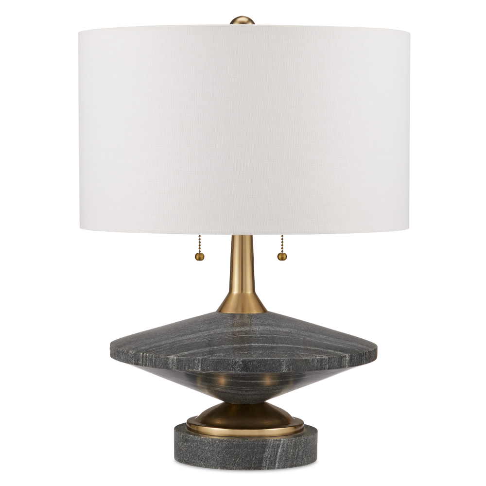 Jebel Table Lamp - Mid-Century Modern Design with Turned Stone, Warm Brass Accents & Beige Shade