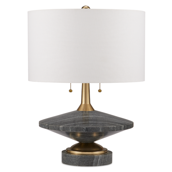 Jebel Table Lamp - Mid-Century Modern Design with Turned Stone, Warm Brass Accents & Beige Shade