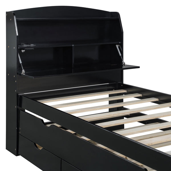 English Elm Twin LED Platform Bed with Trundle and Under-Storage Drawers, Flip-Up Headboard, USB Ports Espresso N820S10008D