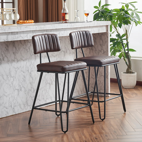 English Elm Industrial Bar Stools Set of 2 — Counter Height PU Leather Seats, Sturdy Metal Frame, Ergonomic Backrest and Footrest for Kitchen Island and Home Bar Brown W1901P264279