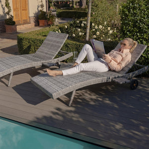 English Elm K&k Outdoor Wicker Reclining Chaise Set 2 Piece with Pull Out Tray Rolling Wheels Grey N707P395515E