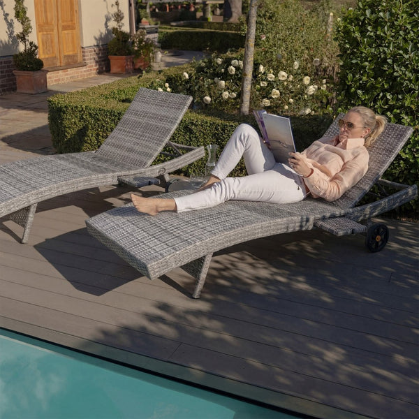 English Elm K&k Outdoor Wicker Reclining Chaise Set 2 Piece with Pull Out Tray Rolling Wheels Grey N707P395515E