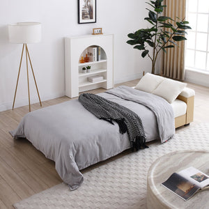 English Elm Convertible Sleeper Sofa with Reversible Armrest, Storage Ottoman, Drop-Down Table & Dual Cup Holders for Living Room Comfort Beige W2677S00025