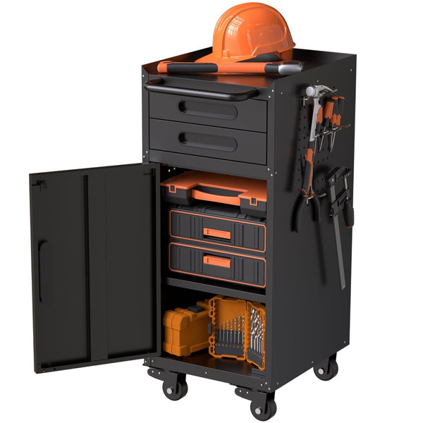 English Elm 34.3" Slim Steel Rolling Cabinet with Locking Door Two Drawers for Garage Workshop T2398P442675