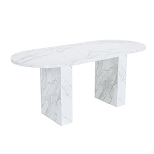 English Elm 62.9 Oval Dining Table for 6, White Marble MDF Top with Wood Strip Base, Waterproof Scratch-Resistants W2700P340890