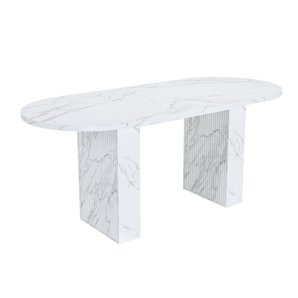 English Elm 62.9 Oval Dining Table for 6, White Marble MDF Top with Wood Strip Base, Waterproof Scratch-Resistants W2700P340890