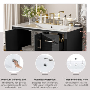 English Elm 36" Traditional Bathroom Vanity with Ceramic Sink, Solid Wood Cabinet, Soft-Close Doors & Drawers Black N729P251630B