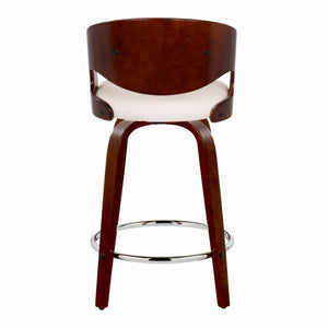English Elm Pino 24" Mid-Century Counter Stool Set of 2 — Swivel White Faux Leather, Cherry Wood Legs, Chrome Footrest B202S00080
