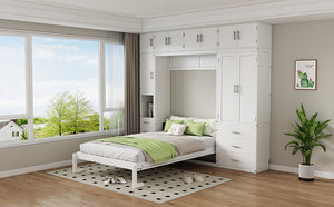 English Elm Full Full Size Murphy Bed with Lockers & Wardrobes in White — Space-Saving Foldaway Cabinet, Shelves, Drawers, Installation Video Included GX000392AAK