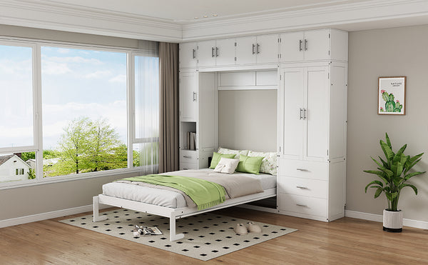 English Elm Full Full Size Murphy Bed with Lockers & Wardrobes in White — Space-Saving Foldaway Cabinet, Shelves, Drawers, Installation Video Included GX000392AAK