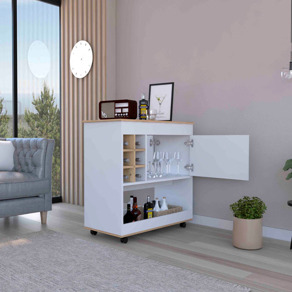 English Elm Camelia Elegant Bar Cart with Six Bottle Cubbies, Smooth Casters, Lower Shelf and Cabinet Storage Multicolor 39.8 L x 23.6 W x 7.9 H B20092081