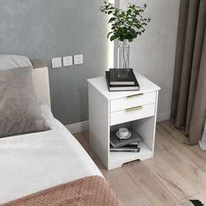 English Elm Nighstand White 2-Drawer Nightstand with Open Shelf, Gold Handles, Modern Compact End Table W3151P346294