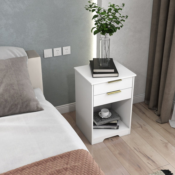 English Elm Nighstand White 2-Drawer Nightstand with Open Shelf, Gold Handles, Modern Compact End Table W3151P346294