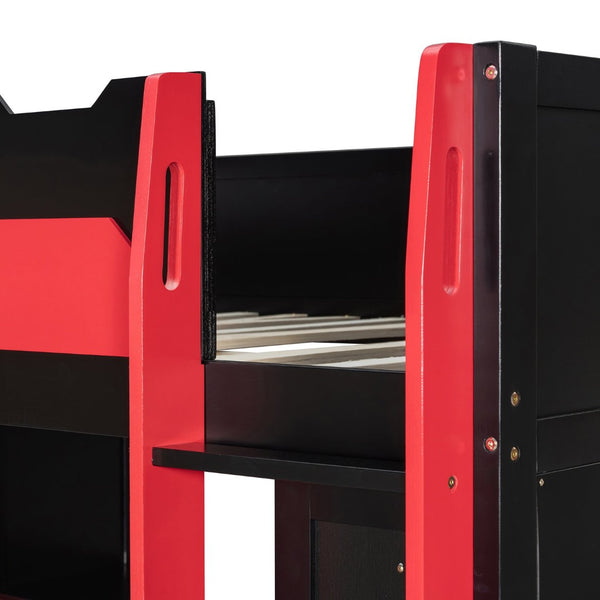 English Elm Full Size Loft Bed with Rgb Lighting Usb Charging Desk Wardrobe and Storage Shelves Red LT000387AAJ