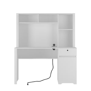 English Elm Computer Desk with Hutch & Bookshelf White MDF — Spacious Executive Study Desk w/ Lockable Drawer, 3 AC & 2 USB Ports, Monitor Stand, Easy Assembly W1321P178183