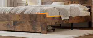 English Elm Queen-size Storage Bed Weathered Wood Platform Frame with Usb Charging Headboard W636P430769