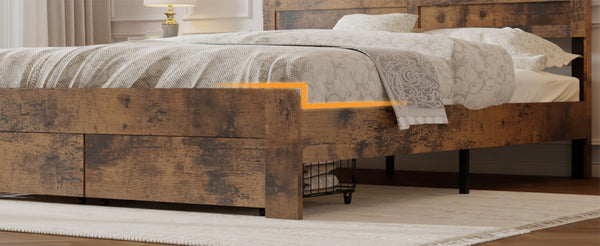 English Elm Queen-size Storage Bed Weathered Wood Platform Frame with Usb Charging Headboard W636P430769
