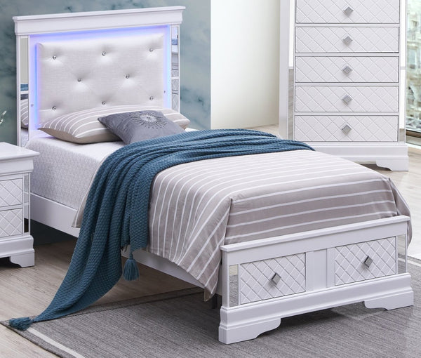 English Elm Verona Twin Bed With Jeweled Tufted Upholstery & Led Accent Lighting In Silver Champagne Finish B078S00578-GIGA