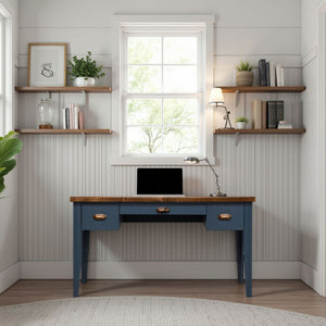 English Elm 53 Inch Writing Desk with Two-Tone Farmhouse Charm, Fully Assembled, Storage Drawers & Bronze Hardware Blue B108P160179
