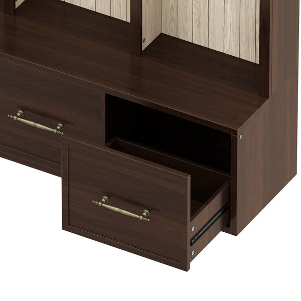 English Elm Farmhouse Hall Tree with Arched Panels Bench Drawers and Hooks for Mudroom Entryway Walnut W5271S00006