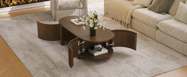 English Elm Oval Fluted Rubberwood Coffee Table with Open Storage Shelf for Living Room Walnut N735P369880D