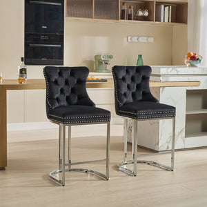English Elm 25" Elegant Tufted Counter Bar Stools Set of 2 with Plush Spring Cushion and Chrome Durable Base Black W1143P217851
