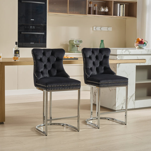 English Elm 25" Elegant Tufted Counter Bar Stools Set of 2 with Plush Spring Cushion and Chrome Durable Base Black W1143P217851
