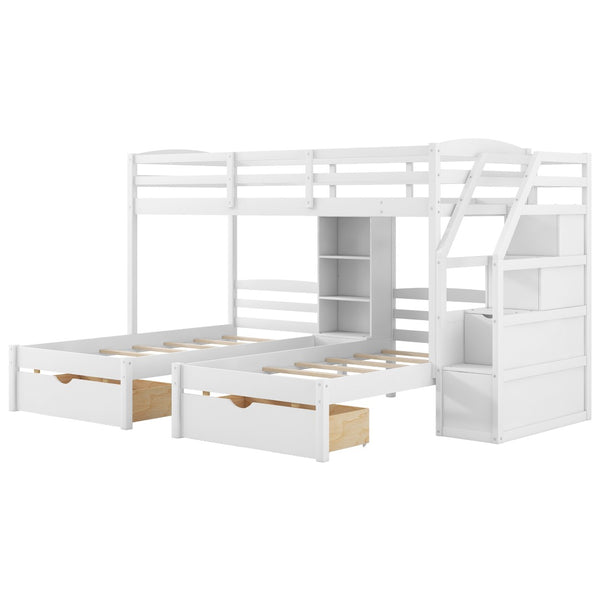 English Elm Twin Triple Bunk Bed White Pine Frame with Staircase Storage Drawers and Built Shelves GX000324AAK-1