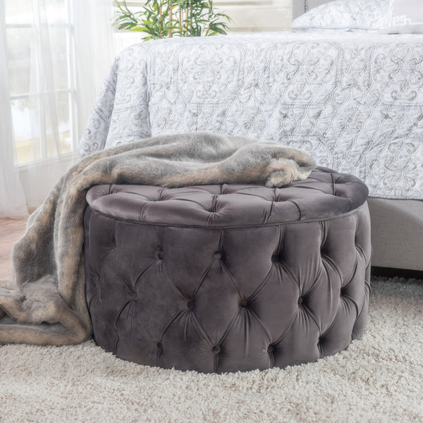 English Elm Christopher Knight Home® - OTTOMAN Velvet Tufted Diamond Stitch Cocktail Seat — Modern Glam Round Pouf, Durable Polyester Finish Grey 59313.00GRY