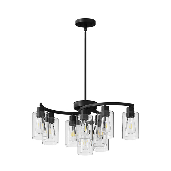 English Elm 9-Light Modern Farmhouse Chandelier with Clear Glass Shades, Adjustable Height, Industrial Iron Fixture Black W2312P374987