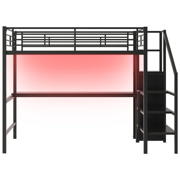 English Elm Full Size Metal Loft Bed With Desk, Storage Staircase, Wardrobe & Led Light - Space-Saving Design GX000620AAD