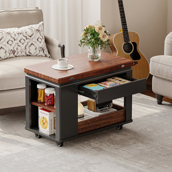 English Elm 27.6'' Modern Multi-Function Coffee Table with Foldable Top, Casters, Multi-Tier Storage & Drawer Black,Walnut N735P328521B