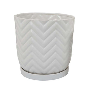 English Elm Camie White Ceramic Planter Duo with Saucers Chevron Texture Glossy Finish Indoor B056P417015