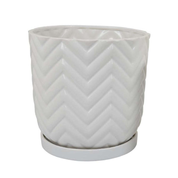 English Elm Camie White Ceramic Planter Duo with Saucers Chevron Texture Glossy Finish Indoor B056P417015