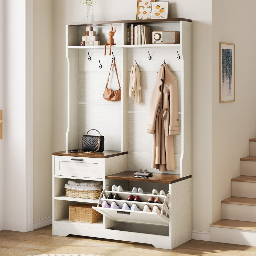 English Elm Hall Tree Entryway Organizer with Bench Seat Shoe Cabinet and Coat Hooks Mdf Farmhouse White+Walnut T5618P448218
