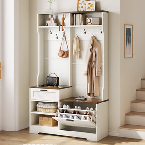 English Elm Hall Tree Entryway Organizer with Bench Seat Shoe Cabinet and Coat Hooks Mdf Farmhouse White+Walnut T5618P448218