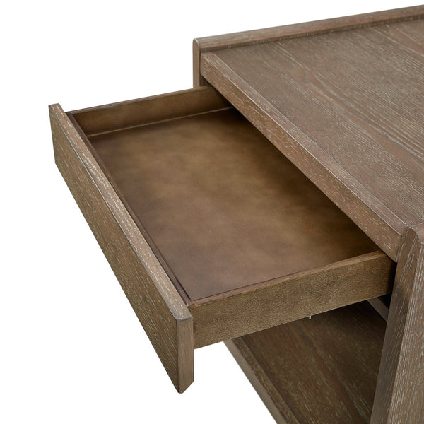 English Elm End Table Cocoa Solid Wood & MDF, Weathered Brown Finish, Soft-Close Drawer, Open Shelf Accent Piece B2699P323116
