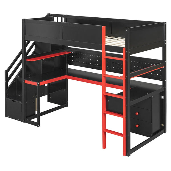 English Elm Full Size Gaming Loft Bed with Led Lighting Desk Shelves and Usb Charging Ports N820S00070J
